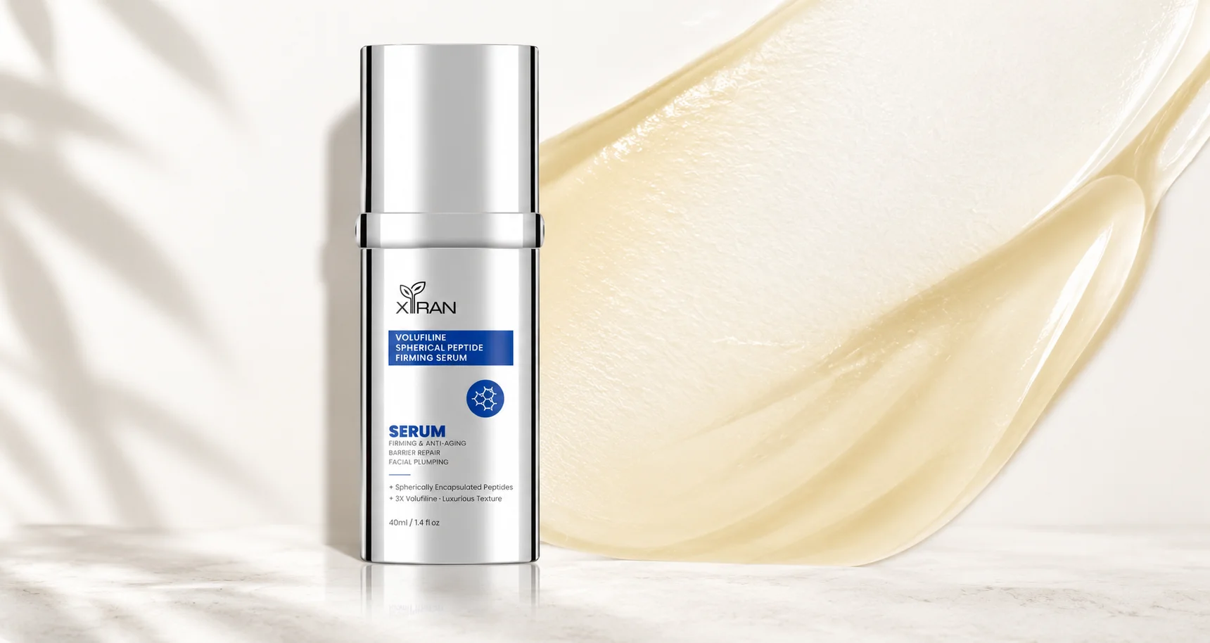 A bottle of Volufiline spherical peptide firming serum with reflective metallic cap placed on a marble surface, with a swipe of cream in the background.